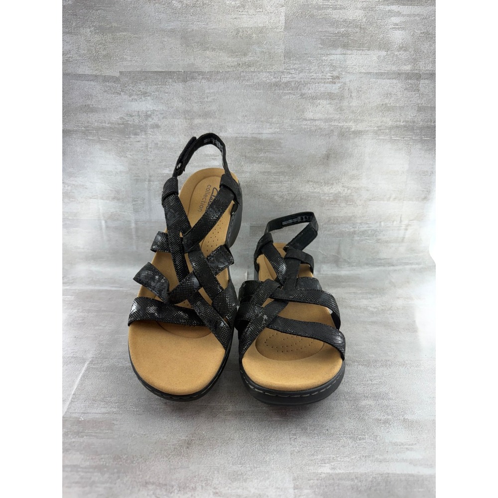 Clarks Collection Arla Glitz Black Shimmer Strappy Wedge Sandals Women Sz 9W
